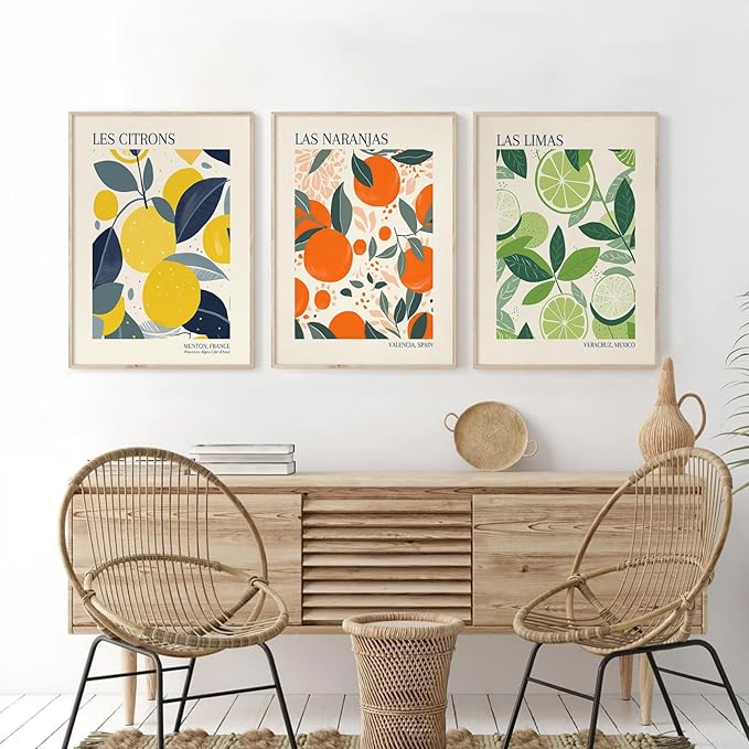 Fruit Market Wall Art Decor Kitchen Lemon Pictures Wall Art Fruit Botanical Prints Poster Orange Green Canvas Kitchen Artwork for Dining Room 12x16 Inch Unframed Set of 3
