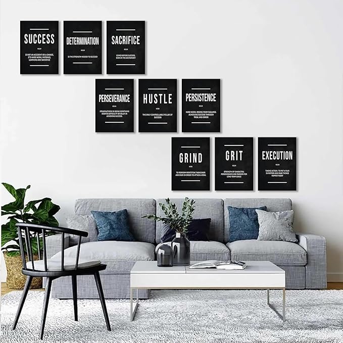 9Pcs Motivational Wall Art Inspirational Quote Canvas Painting Success Entrepreneur Phrases Wall Decor Positive Affirmation Poster Prints for Bedroom Living Room Office Workplace Pictures Unframed