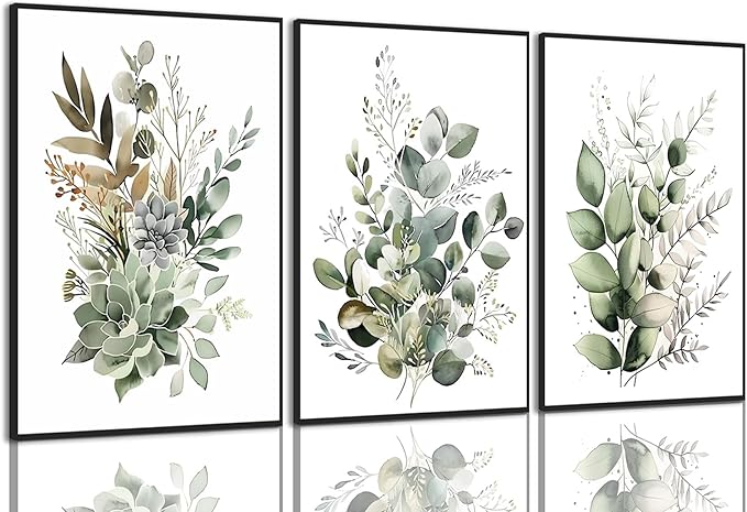 Bwodke Botanical Wall Art Plant Floral Watercolor Canvas Prints Set of 3 Framed Sage Green Painting Eucalyptus Leaf Picture Modern Minimalist Boho Decor Bedroom Bathroom Living Room 16"x24"