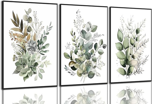 Bwodke Botanical Wall Art Plant Floral Watercolor Canvas Prints Set of 3 Framed Sage Green Painting Eucalyptus Leaf Picture Modern Minimalist Boho Decor Bedroom Bathroom Living Room 16"x24"