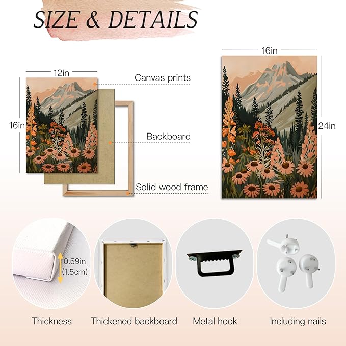 Hianan Boho Daisy Sunset Wall Art, Colorful Mountain Wildflower Wall Decor, Vintage Wildflower Canvas Painting, Modern Botanical Flower Aesthetic Picture for Bedroom Living Room Framed 16"x24"x3