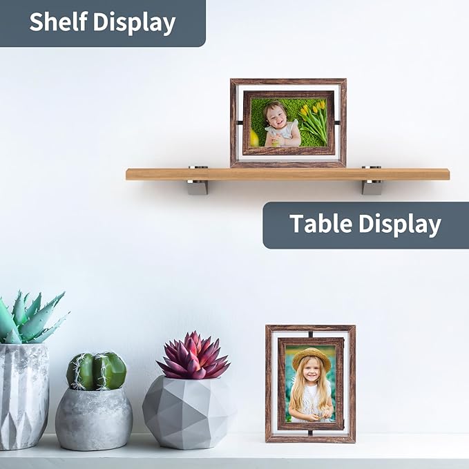 EXYGLO 2 Pack 4X6 Picture Frames Rotating Floating Photo Frame Wooden 2 Sided Frames for Vertical or Horizontal Tabletop Display