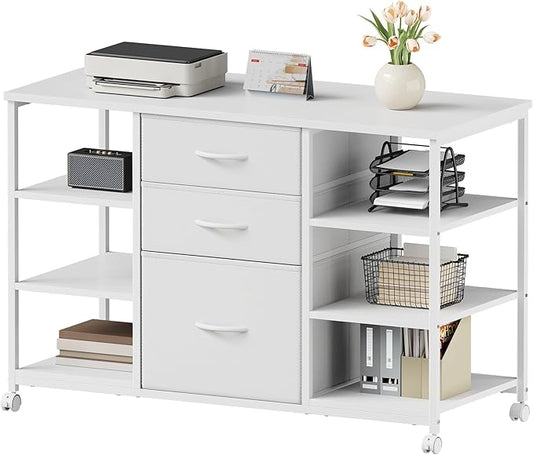 Mobile File Cabinet,Lateral Filing Cabinet with 3 Fabric Drawers,Rolling Printer Stand with 4 Open Storage Shelf for Home Office, White