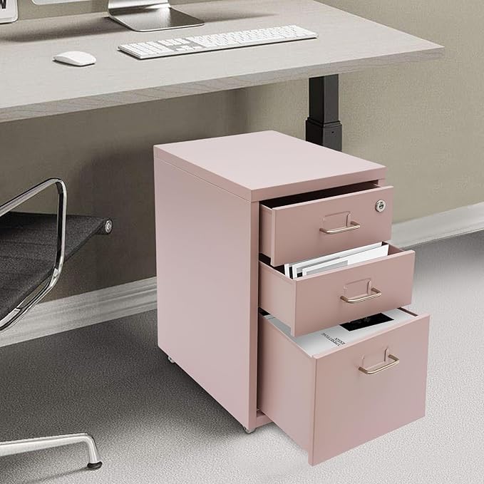 3-Drawer Vertical File Cabinet, 11*16*18.3in Rolling File Cabinet, Mobile Organizer Storage Cabinet with Lock, Office Filing Storage Cabinet Under Desk fits A4 Size, for Home Office (Pink)