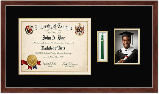 CountryArtHouse Diploma Tassel and Photo Shadowbox Fits 14 x 11 College Diploma (Modern) with Tassel Hook Rustic Walnut Genuine Hardwood with Black Over Metallic Gold Double mat