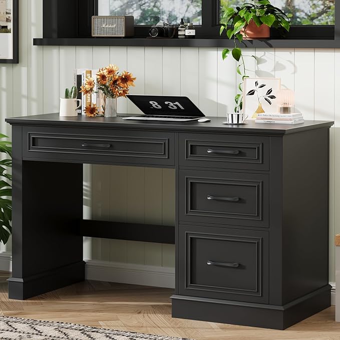 Vabches Farmhouse 47" Executive Desk with File Drawer, Computer Desk with 4 Drawers, Workstation for Study, Home Office, Writing, (Pure Black).