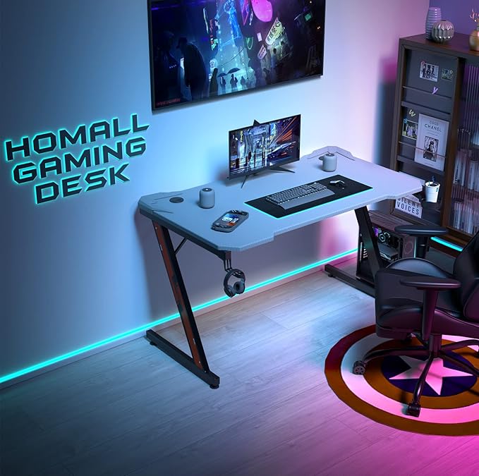 Homall Gaming Computer Desk with Carbon Fiber Surface, Gaming Table Z Shaped Pc Home Office with Cup Holder&Headphone Hook(44 in, Grey)