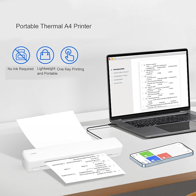 Hyuduo Portable Compact Printer Inkless Thermal Printer 203 DPI HD Printing USB C Wide Compatibility 400 Sheets on Single Quiet for Home Small Offices Schools