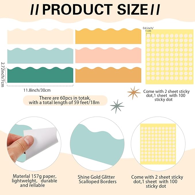 Containlol 188 Pcs Bulletin Board Borders Letters Stars Cutouts Set Include 59ft Poster Board Trims, Alphabet Letter Star Number Punctuation for Classroom(Modern Boho Color)