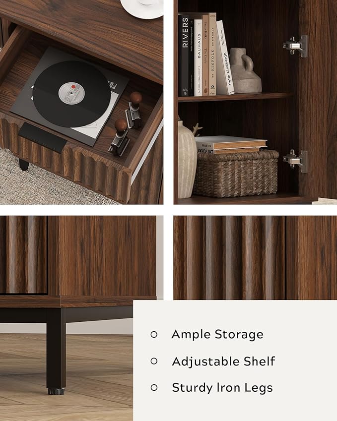 47" Office Desk with Fluted Drawers, Wooden Home Exectuive Desk with Storage Cabinet, Charging Station, Metal Legs Modern Farmhouse Computer Desk for Work, Study, Brown