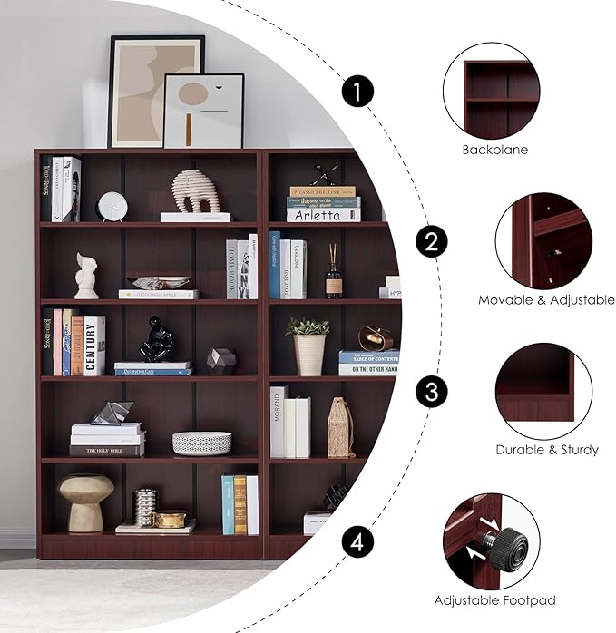 Farini Mahogany Bookshelf for Bedroom 5 Shelf Office Bookcase 60 Inches Tall Modern Wood Bookshelf for Living Room 5 Tier Wide Manga Bookshelves Library Bookcase