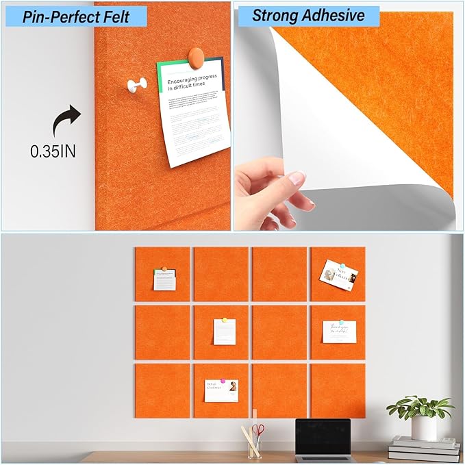 Large Cork Boards for Walls – 36" x 24" Self Adhesive Felt Wall Tiles, Ideal for Office Bulletin Board, Easy to Install Pin Board Photo Board