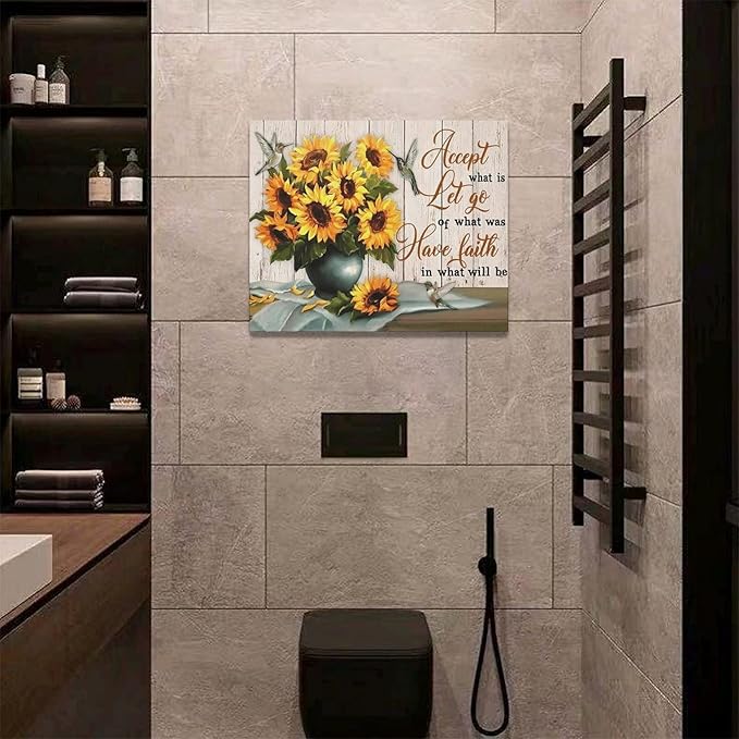 yerretin Farmhouse Sunflower Wall Art Sunflower Pictures Wall Decor Rustic Canvas Painting Modern Artwork Home Decorations for Bathroom Dining Room Kitchen Bedroom Office Framed 20"x16"