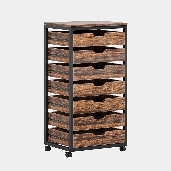Tribesigns 7-Drawer File Cabinet, Wood Mobile Storage Drawer Unit, Industrial Office Cabinet with Drawers & Wheels, Rolling Printer Stand for Home Office (Rustic Brown)