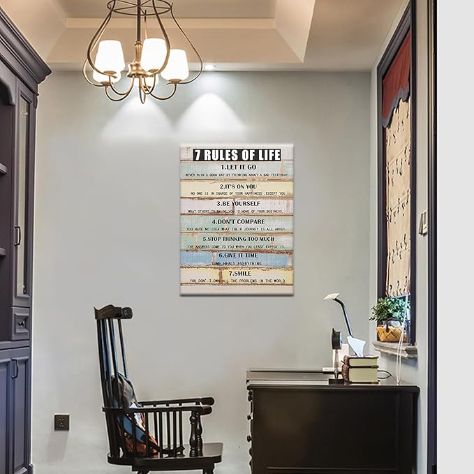 7 Rules Of Life Motivational Canvas Wall Art Inspirational Office Artwork for Bedroom Positive Sayings Poster Print for Home Gym Wall Decoration Ready to Hang [18''Wx24''H]