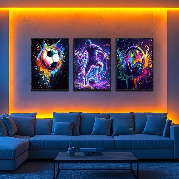 3PCS Boys Neon Splash Soccer Wall Art Colorful Headphone and Soccer wall decor pictures Vibrant Abstract Sports Canvas Posters Prints for Bedroom Game Room Wall Decoration Unframed (12inx16in posters)