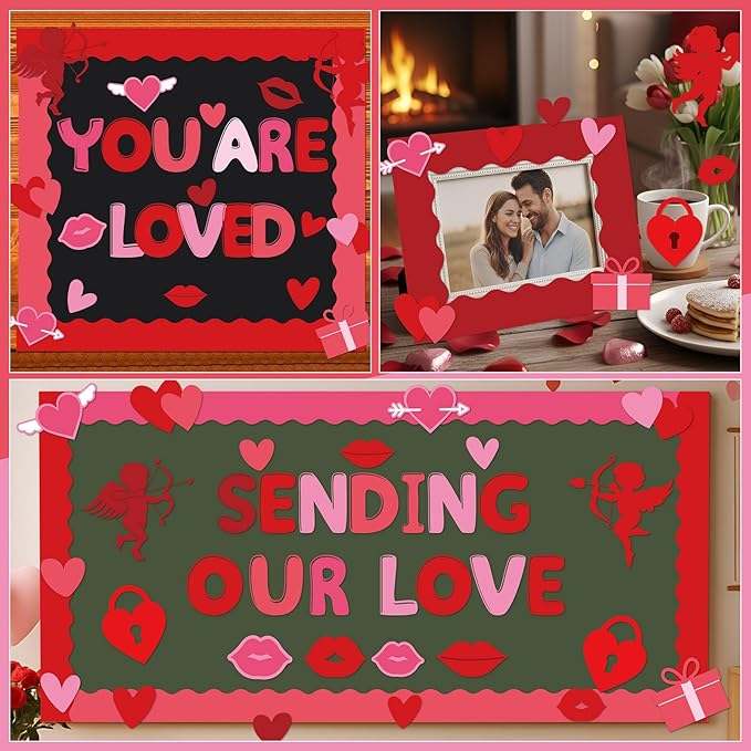 Kosiz Valentine's Day Bulletin Board Decoration Set 118 ft Scalloped Bulletin Board Borders Classroom Poster Border Trim with 257 Pcs Letter Number Symbol Cutout for School Decor