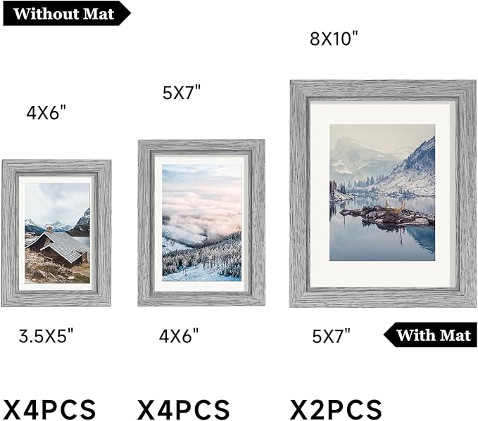 Picture Frames, Made of Real Glass and Wooden Frame, Gallery Photo Frames Set of 10 for Collage Wall Decor, Multi Sizes Including 8x10, 5x7, 4x6 for Mounting or Tabletop Display, Gray