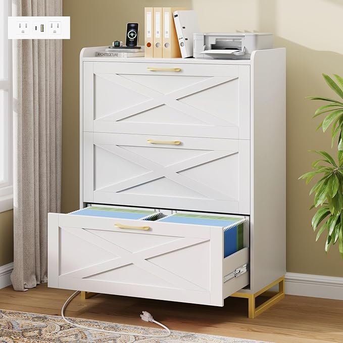 File Cabinet with 3 Drawers, Lateral File Cabinet for Letter/Legal/A4 Size Hanging Files, Large Wood File Storage Cabinets Printer Stand for Home Office, White