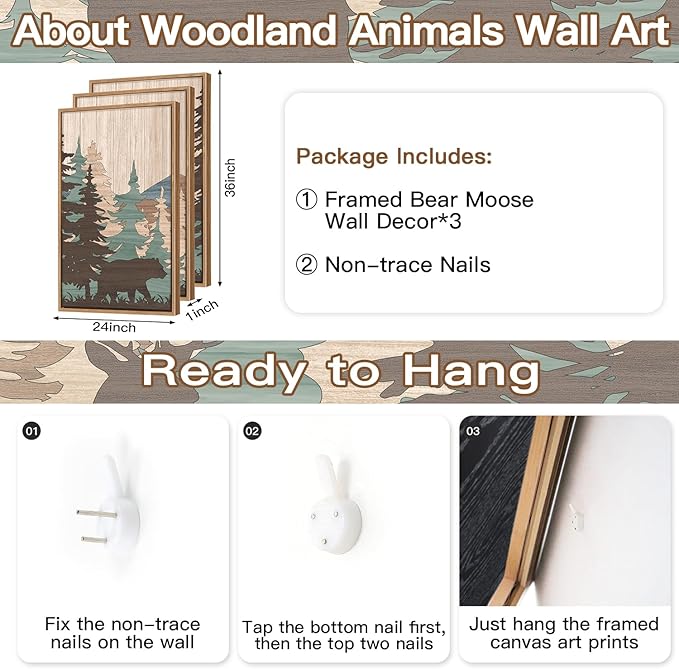 CHDITB Woodland Bear Moose Framed Wall Art(Set of 3, 24"x36"), Retro Wildlife Wild Animals Nature Forest Artwork Painting, Large Cabin Hunting Adventure Mountain Sun Posters Print for Nursery Boy Room
