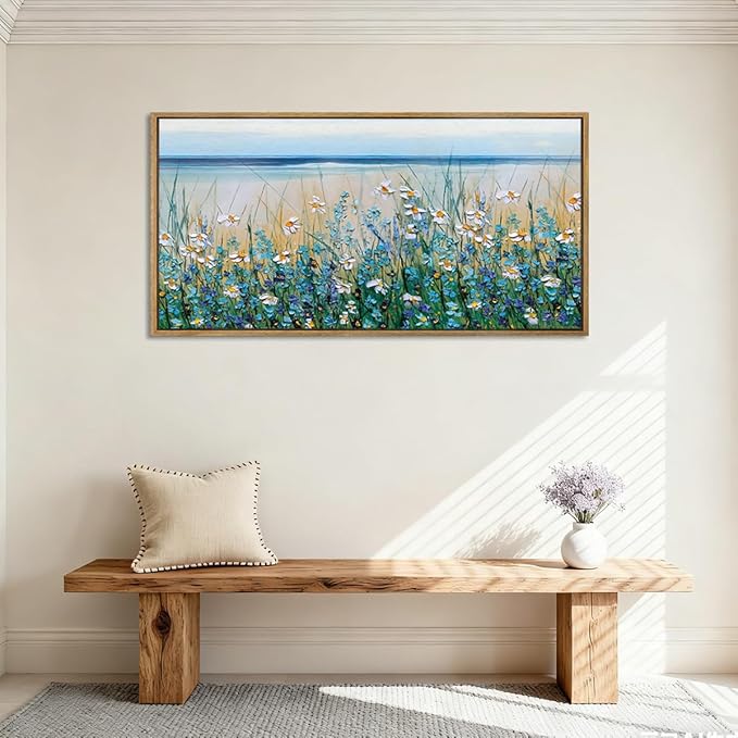 BINCUE Large Blue Seaside Floral Framed Wall Art,Nature Blue Flower Canvas Wall Decor,Wildflower Artwork Blossom Botanical,Flower Sea Landscape Daisy Paingting for Living Room Bedroom Home 20''x40''
