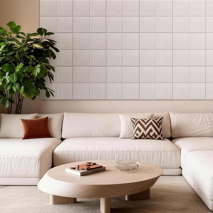 MISSDAY Oatmeal Acoustic Wall Panel Felt Bulletin Board 48" x 36" Cork Board for Wall, 12-Pack Boards with 72 Removable Adhesive Tabs, 50 Pins, Pin Board for Home Office Classroom Soundproof Wall Tile