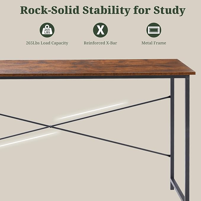 Computer Desk 55 Inch, Simple Home Office Desk Study Writing Table, Sturdy Metal Frame, Scratch-Resistant MDF Desktop for Bedroom Dorm Workspace, Brown
