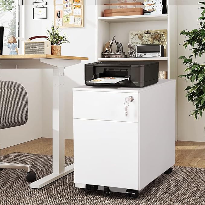 2 Drawer Mobile File Cabinet for Storage Under Desk in Home Office, Mobile File Cabinet, Metal File Cabinet with Lock, Legal/Letter /A4/F4 Size, Fully Assembled, Including Wheels, White
