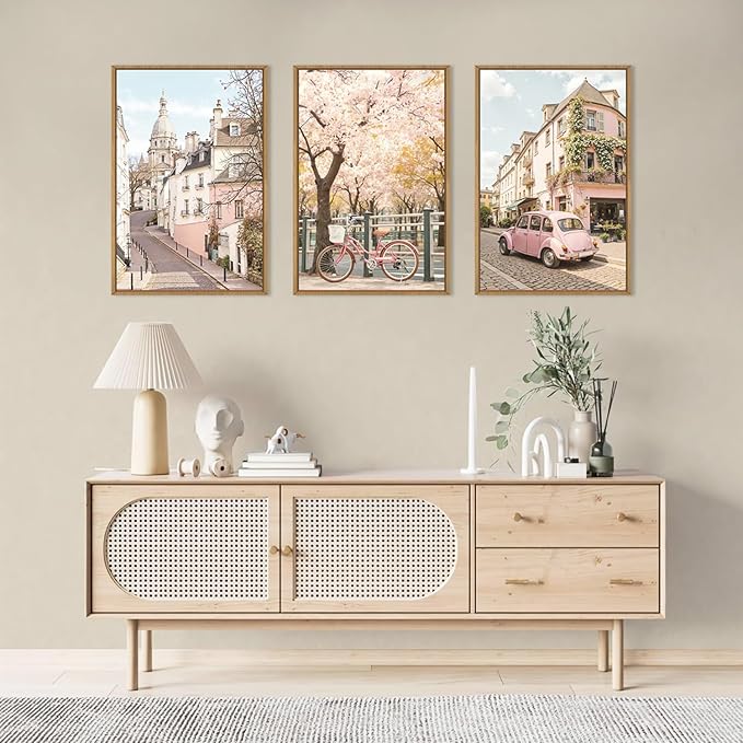 Ausril Italy Pink Cityscape Framed Canvas Wall Art Set, Romantic Flower Street Wall Decor, Vintage Travel City Wall Painting, Italian Pink Bike Art Prints for Living Room, Bedroom, Office - 24"X36"X3