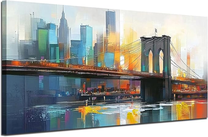 Arjun Cityscape Wall Art New York City Canvas for Living Room Painting Brooklyn Bridge Manhattan Bedroom Wall Art for Men Modern Picture Artwork Framed Home Office Wall Decor, Extra Large 58"x29"