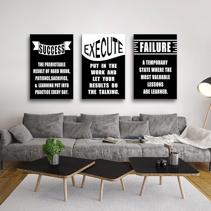 Motivational Wall Art 3 Pieces Success Signs Inspirational Quotes Picture Painting Execute Failure Success Posters Print for Home Living Room Office Artwork Stretched and Framed [72''Wx36''H]