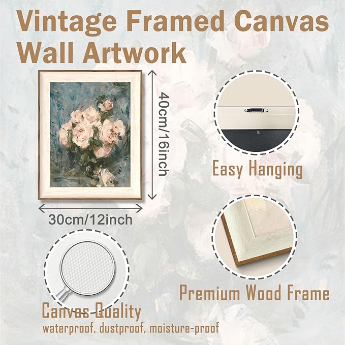 ASTRDECOR Framed Vintage Wall Art for Living Room, Vintage Floral Home Decor Aesthetic, Victorian Pink Rose Bouquet Oil Painting Blue Canvas Wall Art Prints, Antique Flower Pictures Blue Artwork for Living Room-12''x16''