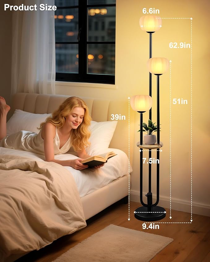 Black Floor Lamp Dimmable Modern Floor Lamps with Pumpkin Lampshade & Table, 3000K Soft Warm White Bulbs Included, 3-Light Tall Standing Lamp for Living Room/Bedroom