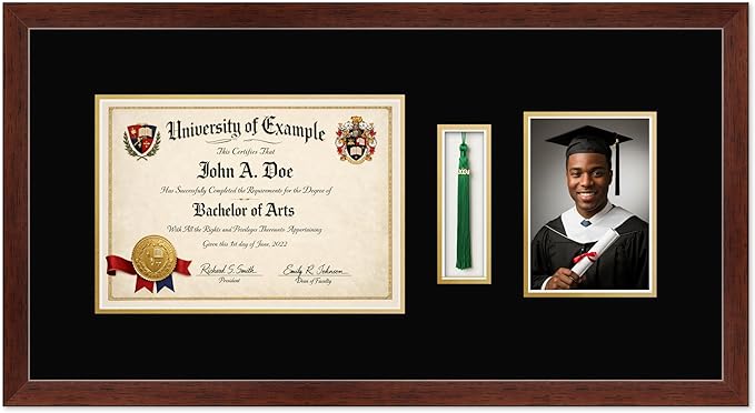 CountryArtHouse Diploma Tassel and Photo Shadowbox Fits 11.69 x 8.27 A4 Certificate with Tassel Hook Rustic Walnut Genuine Hardwood with Black Over Metallic Gold Double mat