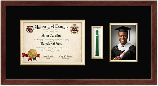 CountryArtHouse Diploma Tassel and Photo Shadowbox Fits 11.69 x 8.27 A4 Certificate with Tassel Hook Rustic Walnut Genuine Hardwood with Black Over Metallic Gold Double mat