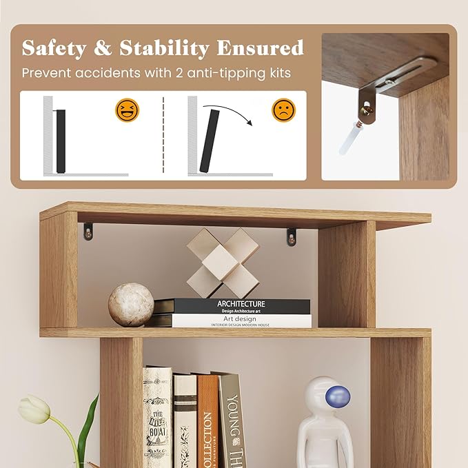 Giantex 6-Tier Geometric Bookshelf, S-Shaped Bookcase with 2 Anti-Tipping Kits, Wooden Display Shelf, Decorative Storage Shelving Unit, Home Storage Organizer for Office Living Room (1,Natural)