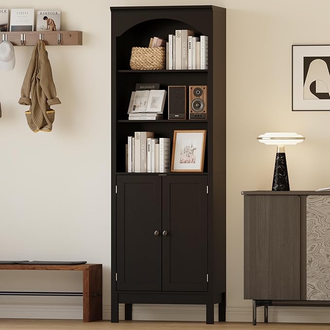 71" H Tall Bookshelf with Doors, Farmhouse Book Shelf with 3-Tier Open Shelves, Wooden Bookcase with Storage Cabinet, Freestanding Display Bookshelves for Bedroom, Living Room, Black