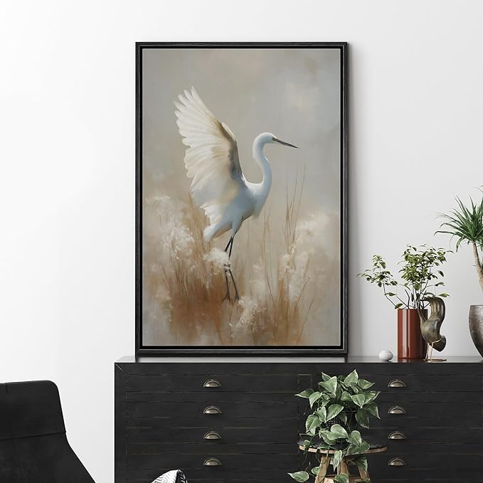 MUDECOR Framed Canvas Print Wall Art Elegant Crane in Flight Illustrations Minimalism Decorative Relax Colorful for Living Room, Bedroom, Office - 16"x24" BLACK