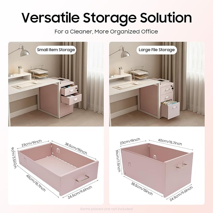 3 Drawer Vertical File Cabinet, Filing Cabinets for Home Office, Metal Vertical File Storage Cabinet with Lock, Locking File Cabinet for Office, Study, Dresser, 11" W x 16" D x 18.3" H, Black (Pink)