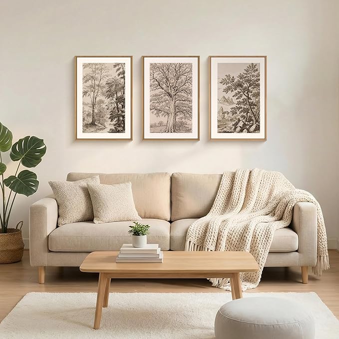 Large Vintage Tree Sketch Framed Canvas Wall Art,Brown and Beige Botanical Wall Decor,Natural Forest Artwork,Textured Landscape Art Print for Living Room,Bedroom,Office- 16"x24"x3