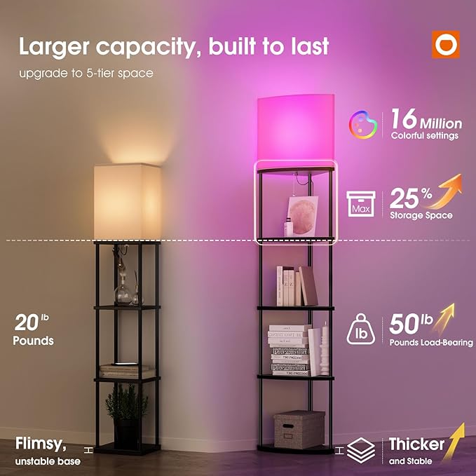 addlon 5-Tier Corner Shelf Floor Lamp with Type C, USB Port & 1 Power Outlet and 3CCT LED Bulb, Modern Display Lamp for Narrow Corner Bookshelf lamp for Living Room, Bedroom, Office - Black