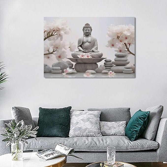 yerretin Buddha Zen Wall Art Buddhist Pictures Wall Decor Blossom Statue Canvas Meditation Painting Modern Artwork Home Decoration for Bathroom Living Room Bedroom Spa Yoga Framed 24"x16"