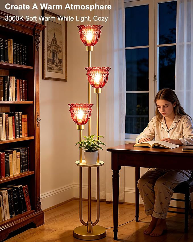 Lightdot 3-Lights Glass Floor Lamp for Living Room Modern Dimmable Gold Floor Lamp with Rose Red Glass Shade & 3000K Bulbs Included Tall Standing Lamp for Bedroom/Sofa Beside/Corner Decor
