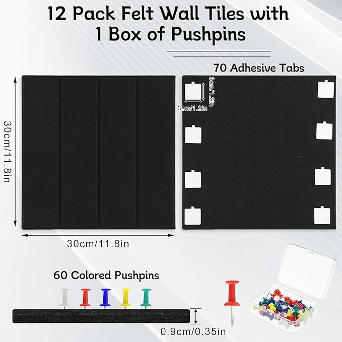 Felt Bulletin Board Tiles 48" x 36", 12-Pack Cork Board for Office, Pin Board with 60 Pushpins Cork Boards for Office Decor Walls Organizer, 70 Adhesive Tabs Included - Black