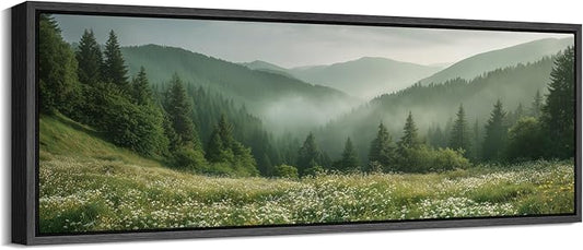 SIGNFORD Large Framed Canvas Print Wall Art Misty Green Valley Meadow Landscape Illustrations Modern Art Calm Warm for Living Room, Bedroom, Office - 60"x20"