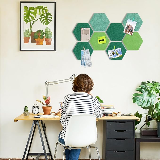 8 Pcs 12" Large Hexagon Felt Cork Bulletin Board Tiles Self Adhesive DIY Pin Board with 50 Push Pins and 10 Colored Clips, Wall Decor for Office Home Kitchen Photos Memos(Green)