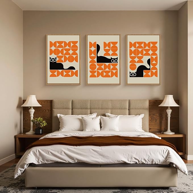 HOURIA Geometric Black Cat Framed Canvas Wall Art Set,Abstract Orange & Cream Wall Decor,Round Eyes Playful Kitten Wall Painting,Modern Animal Prints for Nursery,Living Room,Office - 24"x36"x3