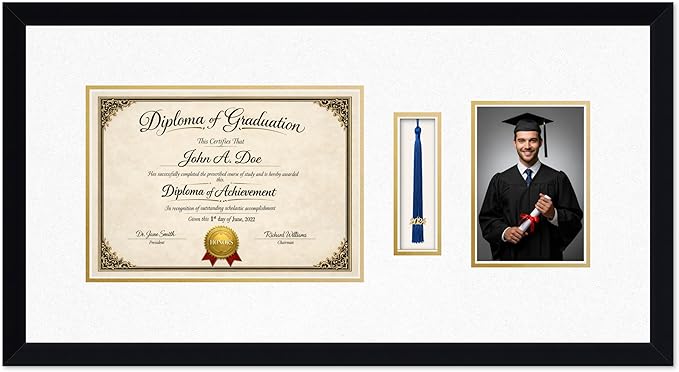 Diploma Tassel and Photo Frame Matte Black Shadowbox Oyster Shell Over Gold Mat - Fits 11.69 x 8.27 Degree Picture Made in the USA