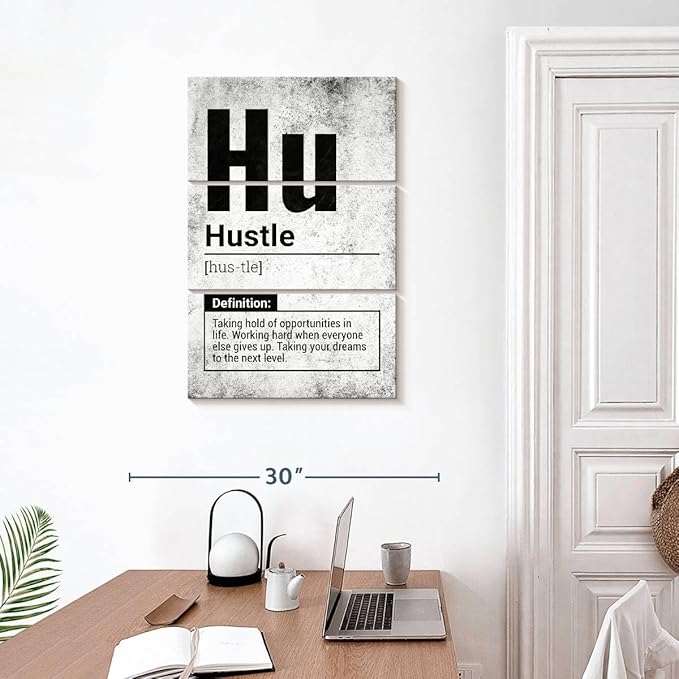 Elephant Stock - Hustle Definition Grunge Wall Art - Vertical Multi Panel Canvas - 3 Piece Living Room Wall Decor - Digital Art Inspirational And Typography Multi Piece Wall Art - Black And Gray Decor - 20" x 32"