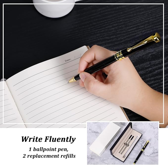 Deluxe Ballpoint Pen Kit,Office Business Signing Ballpoint Pen with Two Replacement Black Refills, 0.5mm Nib, Black Classic Gift Box, Creative Writing Gift for Men and Women (Gold B)